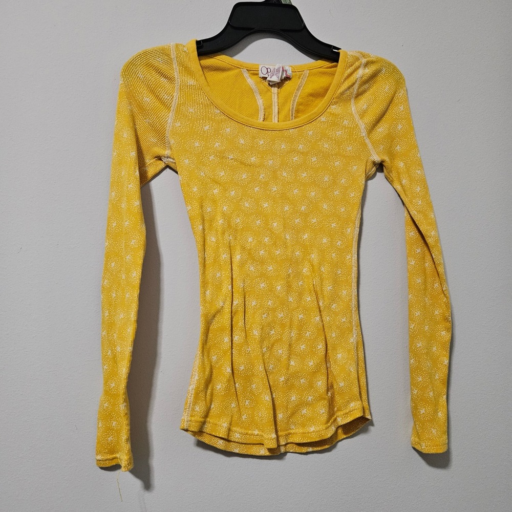 Ocean Pacific OP Womens Mustard Yellow Patterned Waffle‎ Knit Thermal Top Small